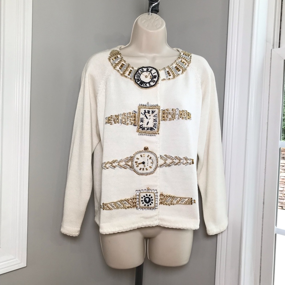Vintage Michael Simon Gold Silver Wrist Watch Sweater Cardigan ~ Women’s Size 1